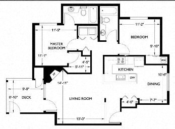 Floor plan for 2 beds, 2 baths, 1024 sqft